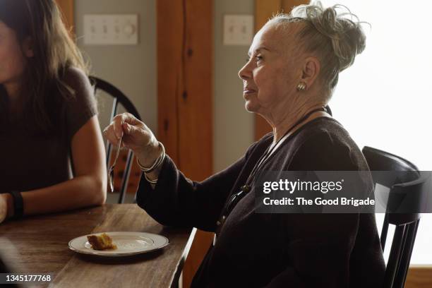 senior woman with eating dessert while sitting at dining table - american pie stockfoto's en -beelden