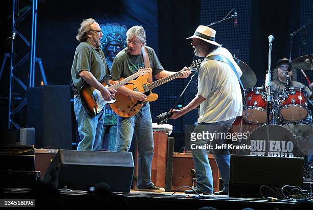 Musicians Stephen Stills, Richie Furay, and Neil Young Buffalo Springfield perform on stage during Bonnaroo 2011 at Which Stage on June 11, 2011 in...