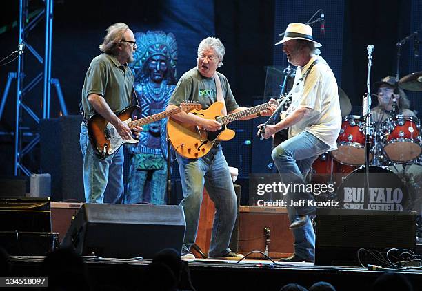 Musicians Stephen Stills, Richie Furay, and Neil Young Buffalo Springfield perform on stage during Bonnaroo 2011 at Which Stage on June 11, 2011 in...