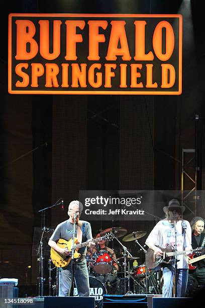 Musicians Richie Furay and Neil Young of Buffalo Springfield perform on stage during Bonnaroo 2011 at Which Stage on June 11, 2011 in Manchester,...