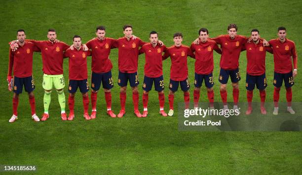 Players of Spain line up for the national anthem prior to the UEFA Nations League 2021 Semi-final match between Italy and Spain at San Siro Stadium...