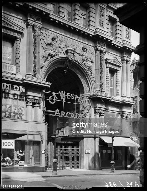 Great Western Arcade, Temple Row, Birmingham, 1941. The entrance to the Great Western Arcade from Temple Row with two signs for ARP Shelters visible...