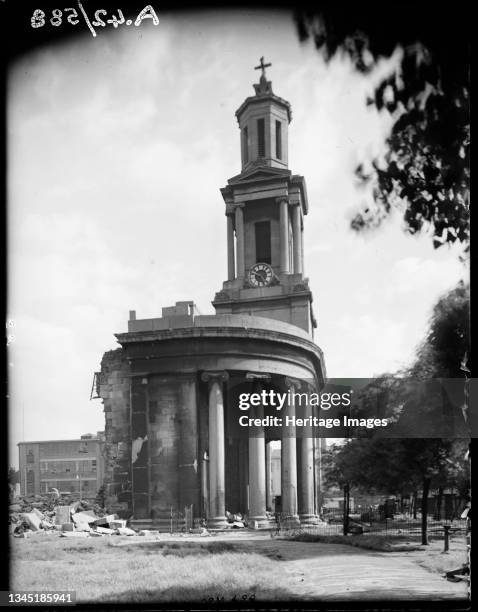 St Thomas's Church, Bath Row, Lee Bank, Birmingham, 1941. The tower and portico of St Thomas's Church viewed from the north showing bomb damage. In...