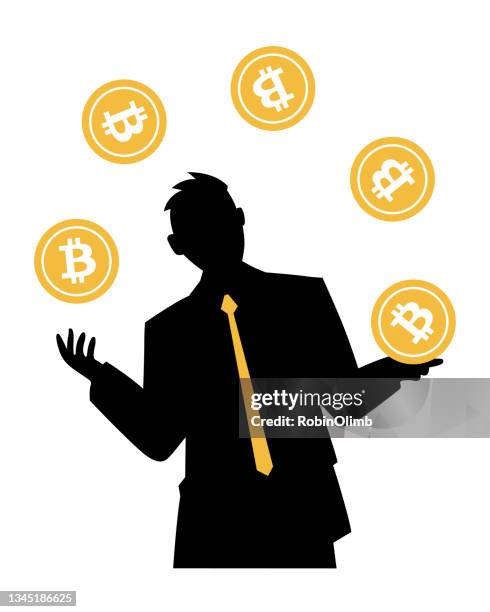 businessman juggling bitcoins - flipping a coin stock illustrations