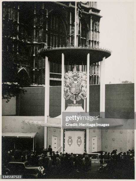 Westminster Abbey, Westminster, Greater London Authority, 3 June-30 September 1953. The canopied entrance to the annexe built outside the west...