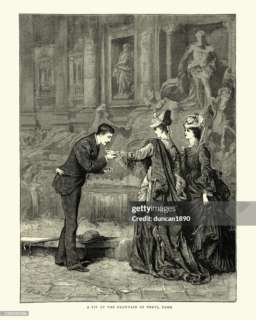 Jovem tomando água de uma mão de mulher, Fonte de Trevi, romance vitoriano, turistas