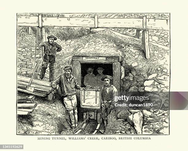 miners and mining tunnel, williams' creek, cariboo, british columbia, victorian, 19th century - mine workings stock illustrations
