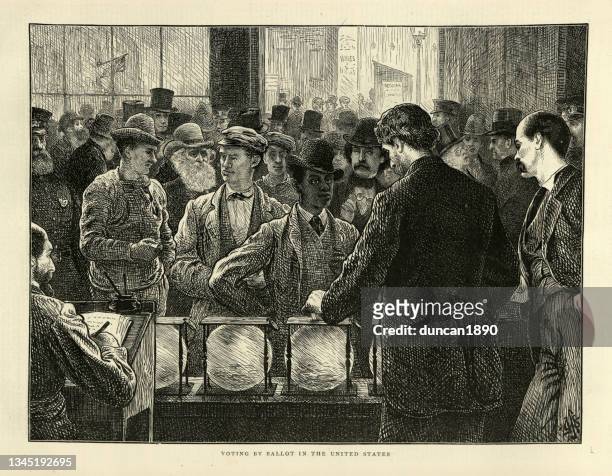 stockillustraties, clipart, cartoons en iconen met men voting by ballot in the usa, election 1872, 19th century - 19e eeuwse stijl