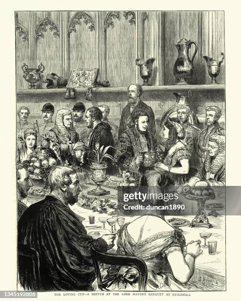 lord mayor's banquet at guildhall london, 1870s, victorian, 19th century - banqueting house whitehall stock illustrations