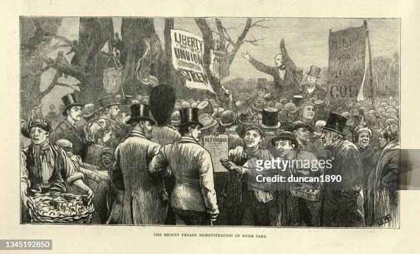 irish nationalist, fenian, demonstration in hyde park london, 1870s, victorian, 19th century - patriotism stock illustrations