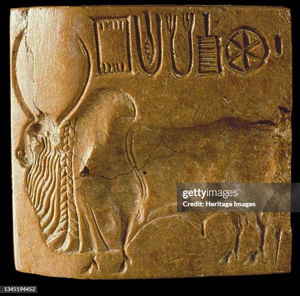Zebu Bull Seal with Indus Script Found at Mohenjo Daro, Indus Valley , 3rd millenium BC. Found in the Collection of the National Museum, New Delhi....