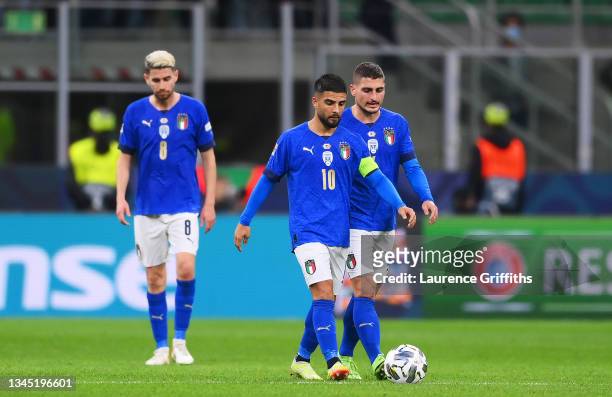 Lorenzo Insigne and Marco Verratti of Italy look dejected after their side concedes a second goal scored by Ferran Torres of Spain during the UEFA...