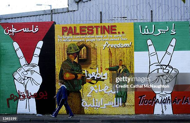 An unidentified girl walks past a portion of a mural on Falls Road August 20, 2002 in west Belfast, Northern Ireland. The pro-Palestinian painting...