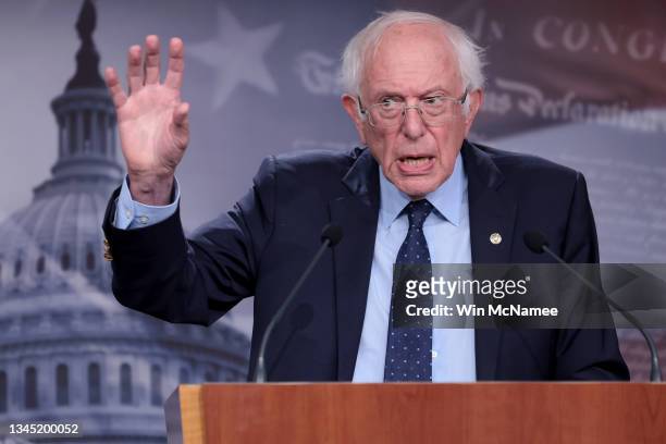 Sen. Bernie Sanders answers questions during a press conference at the U.S. Capitol on October 06, 2021 in Washington, DC. Sanders spoke primarily...