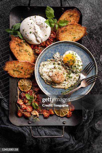 burrata and eggs - burrata stock pictures, royalty-free photos & images