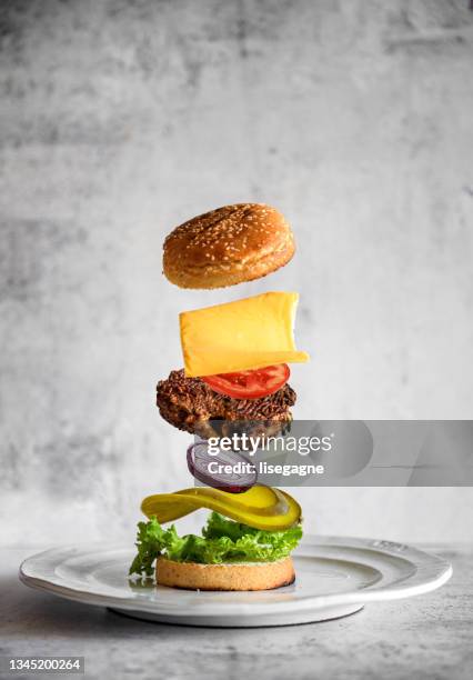 フライングバーガー - ハンバーグ　皿 ストックフォトと画像