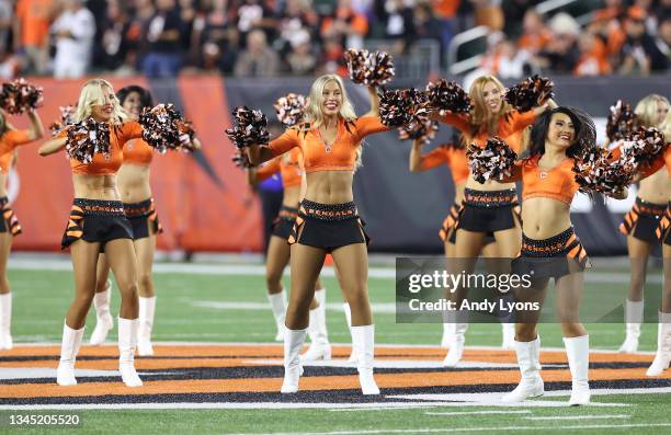 Cincinnati Bengals cheerleaders against the Jacksonville Jaguars at Paul Brown Stadium on September 30, 2021 in Cincinnati, Ohio.