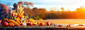 Pumpkins, Apples And Corn On Harvest Table