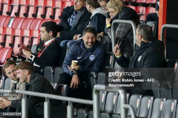 Head Coach Danny Cowley of Portsmouth FC watches from the stands during the Premier League Cup match between AFC Bournemouth U23 and Arsenal U23 at...