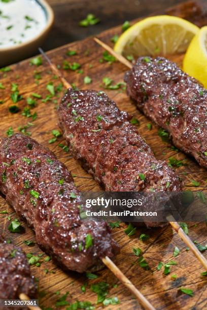 kofta de bœuf avec sauce tzatziki et citron - agneau viande photos et images de collection