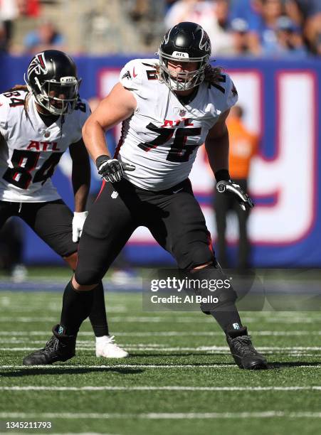 Kaleb McGary of the Atlanta Falcons in action against the New York Giants during their game at MetLife Stadium on September 26, 2021 in East...