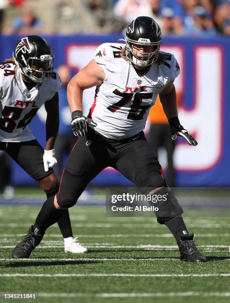 Kaleb McGary of the Atlanta Falcons in action against the New York Giants during their game at MetLife Stadium on September 26, 2021 in East...