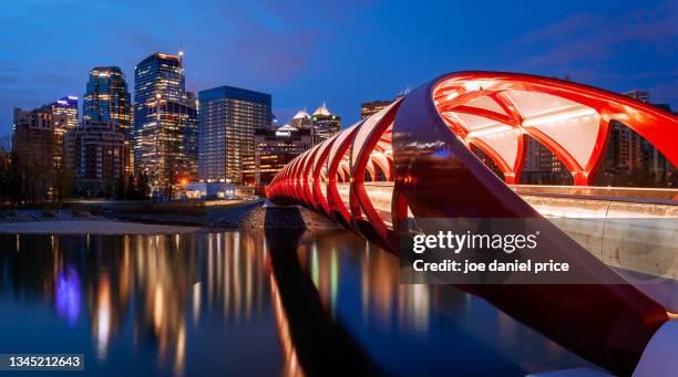 blue hour, panorama, the peace bridge, calgary, alberta, canada - calgary bridge stock pictures, royalty-free photos & images