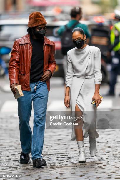 Dev Hynes and Tessa Thompson are seen in SoHo on October 06, 2021 in New York City.