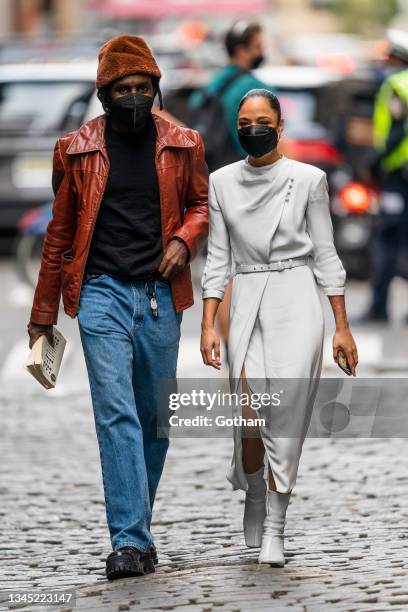 Dev Hynes and Tessa Thompson are seen in SoHo on October 06, 2021 in New York City.