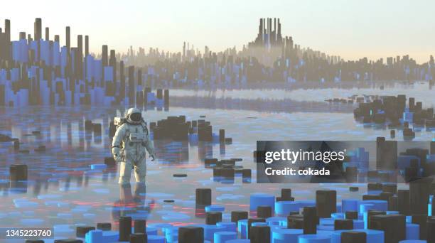 astronaut on a strange planet - data lake stock pictures, royalty-free photos & images