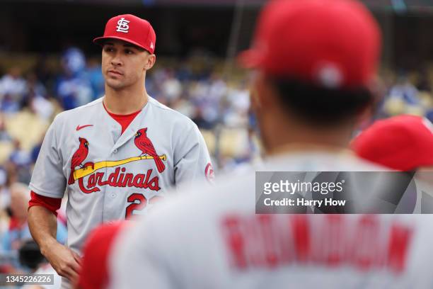 Jack Flaherty of the St. Louis Cardinals prepares for their National League Wild Card Game against the Los Angeles Dodgers at Dodger Stadium on...