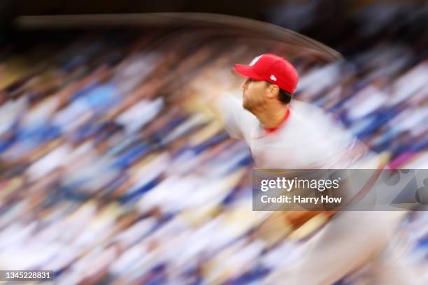 Adam Wainwright of the St. Louis Cardinals pitches in the first inning against the Los Angeles Dodgers during the National League Wild Card Game at...