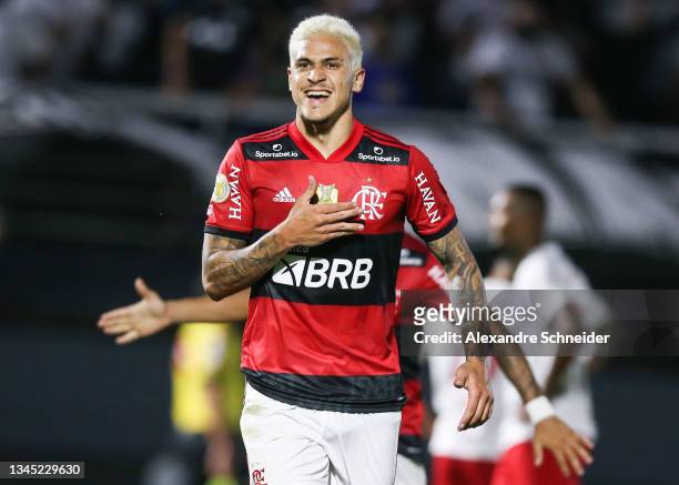 Pedro of Flamengo celebrates after scoring the first goal of his team during a match between Red Bull Bragantino and Flamengo as part of Brasileirao...