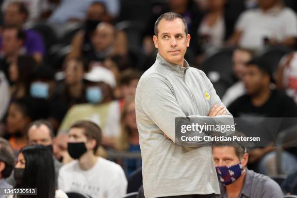 Head coach Frank Vogel of the Los Angeles Lakers reacts during the second half of the NBA preseason game against the Phoenix Suns at Footprint Center...