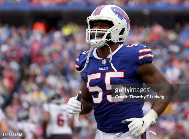 Jerry Hughes of the Buffalo Bills on the field before a game against the Houston Texans at Highmark Stadium on October 3, 2021 in Orchard Park, New...