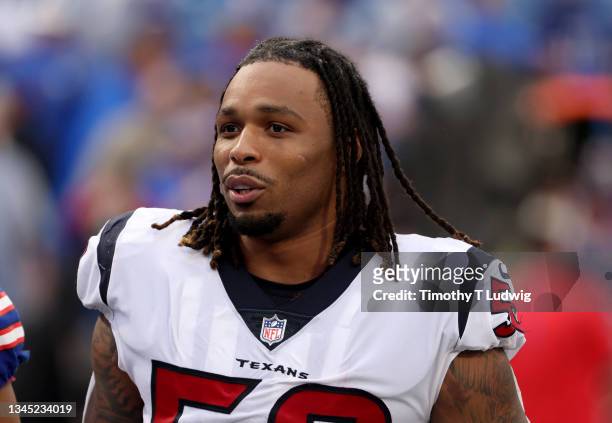 Christian Kirksey of the Houston Texans after a game against the Buffalo Bills at Highmark Stadium on October 3, 2021 in Orchard Park, New York.
