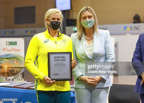 Olympian Alyssa Bull poses with Mayor of Noosa Clare Stewart during the Australian 2020 Tokyo Olympic & Paralympic Celebration at University of...