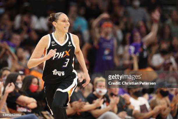 Diana Taurasi of the Phoenix Mercury reacts to a three-point shot during the first half in Game Four of the 2021 WNBA semifinals against the Las...