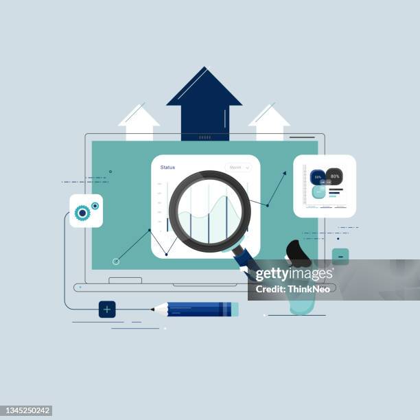 businesswomen standing with magnifying glass doing analysis of business reports, visual data analysis - dashboard screen stock illustrations