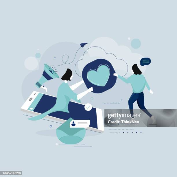 ilustraciones, imágenes clip art, dibujos animados e iconos de stock de vector de promoción empresarial, concepto de marketing en redes sociales - social media