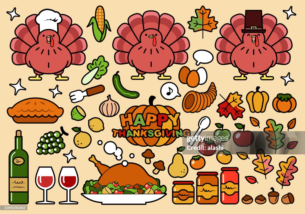 Niedliches Icon-Set (Designelemente) von Thanksgiving Day in Farbigen Pastelltönen