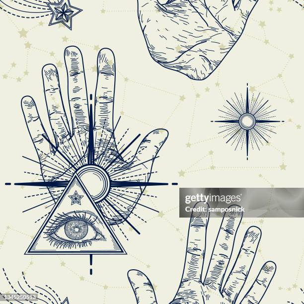 magic occult eye hand vintage seamless pattern - palmistry hand stock illustrations