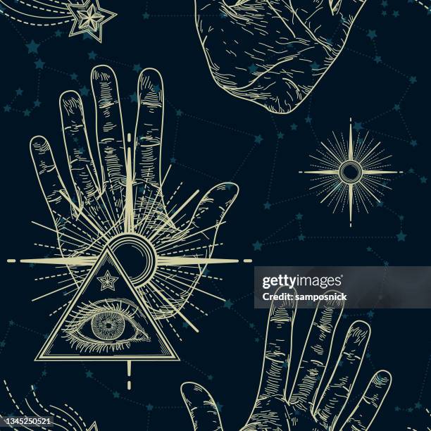 magic occult eye hand vintage seamless pattern - palmistry hand stock illustrations