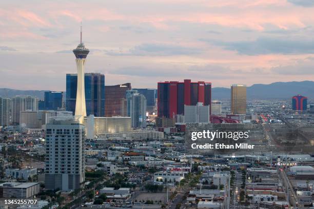 View of hotel-casinos, including The STRAT Hotel, Casino & SkyPod, Encore Las Vegas, Resorts World Las Vegas, the Circus Circus Las Vegas, the Trump...