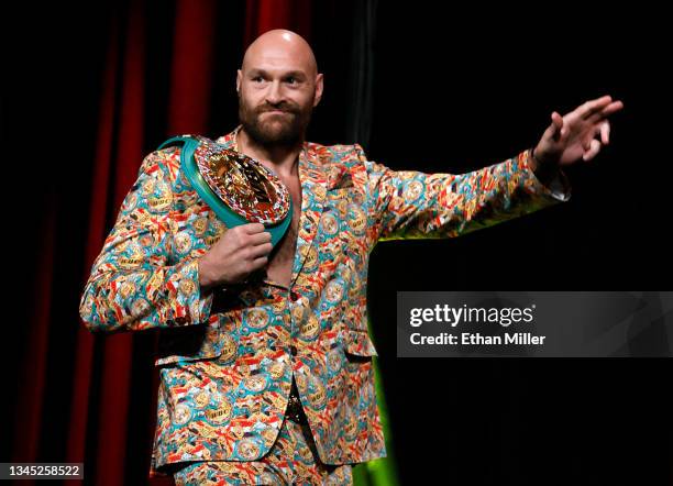 Heavyweight champion Tyson Fury arrives a news conference at MGM Grand Garden Arena on October 6, 2021 in Las Vegas, Nevada. Fury will defend his...
