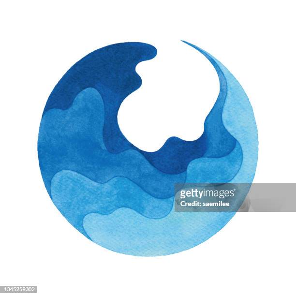 illustrazioni stock, clip art, cartoni animati e icone di tendenza di acquerello blu onda pittura in circle frame - mare