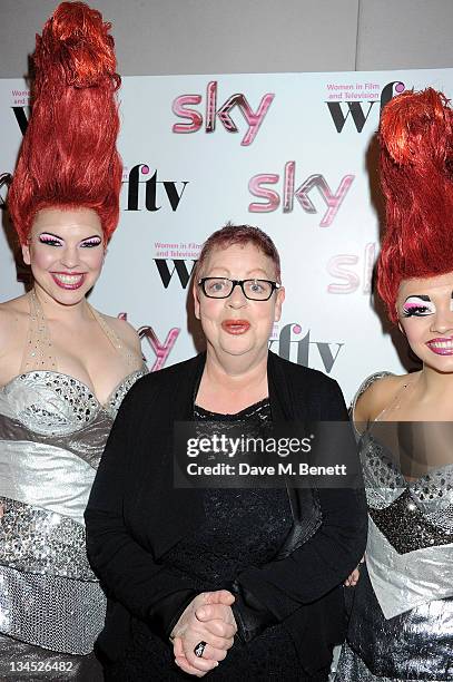 Jo Brand poses with cast of Priscilla Queen of the Desert at the Sky Women In Film & Television Awards 2011 at the Park Lane Hilton on December 2,...