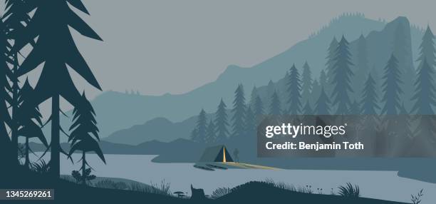 illuminated tent at the mountains near a river - tent stock illustrations stock illustrations