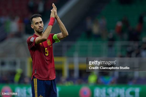 Sergio Busquets of Spain celebrate after winning during the UEFA Nations League 2021 Semi-final match between Italy and Spain at the Giuseppe Meazza...