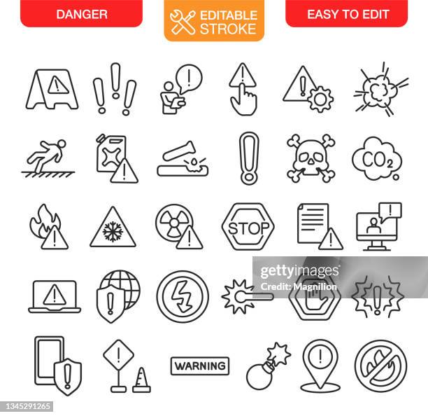 gefahren- und warnsymbole bearbeitbarer kontur festlegen - safety equipment stock-grafiken, -clipart, -cartoons und -symbole